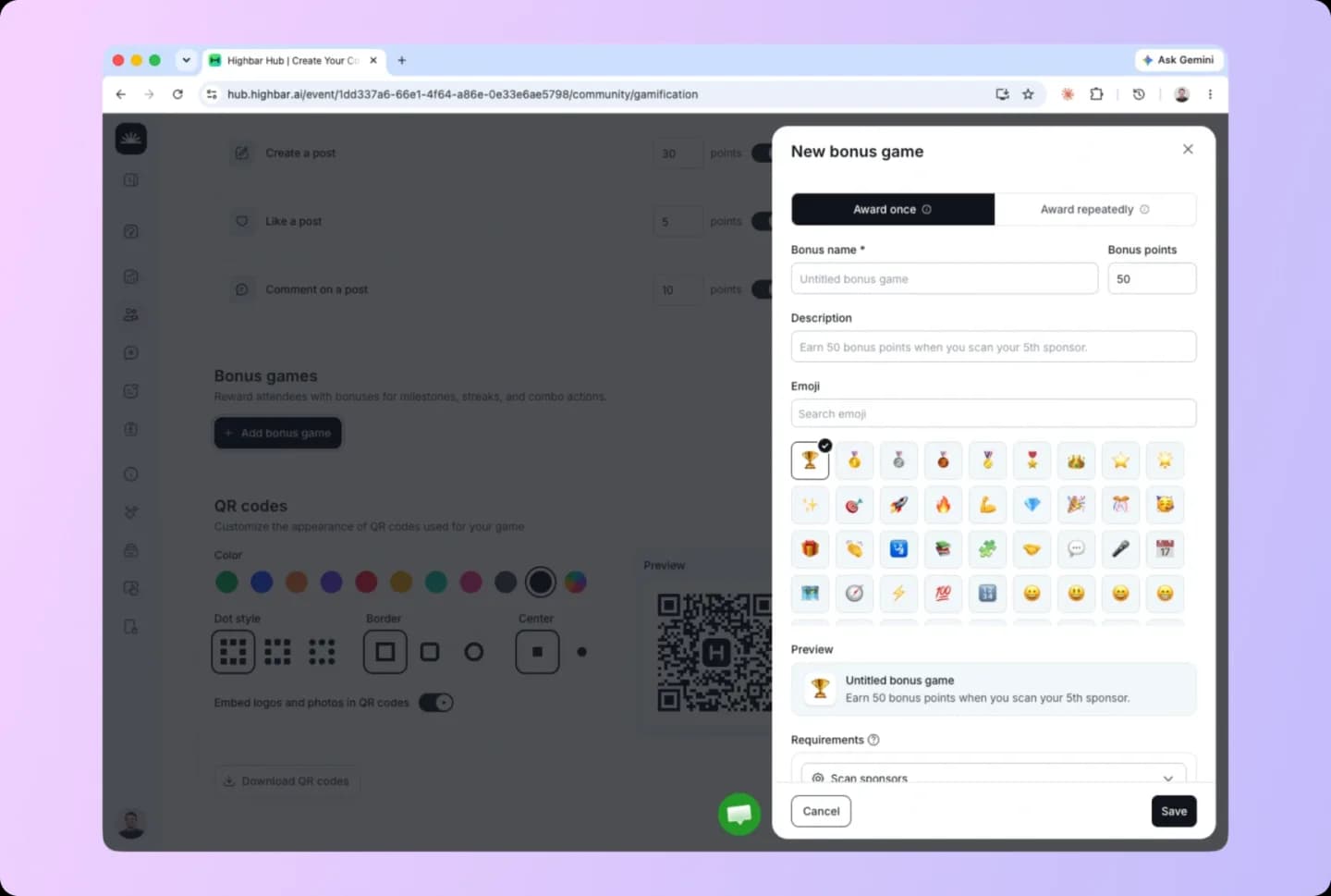 The Highbar Hub 'New bonus game' modal, setting a bonus name, points, description, and an emoji