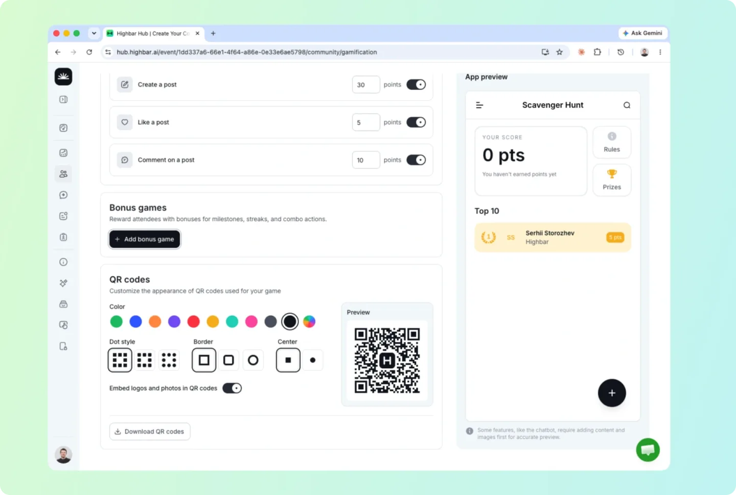 The Highbar Hub gamification settings screen, configuring point values and a QR scavenger hunt, next to a live preview of the app
