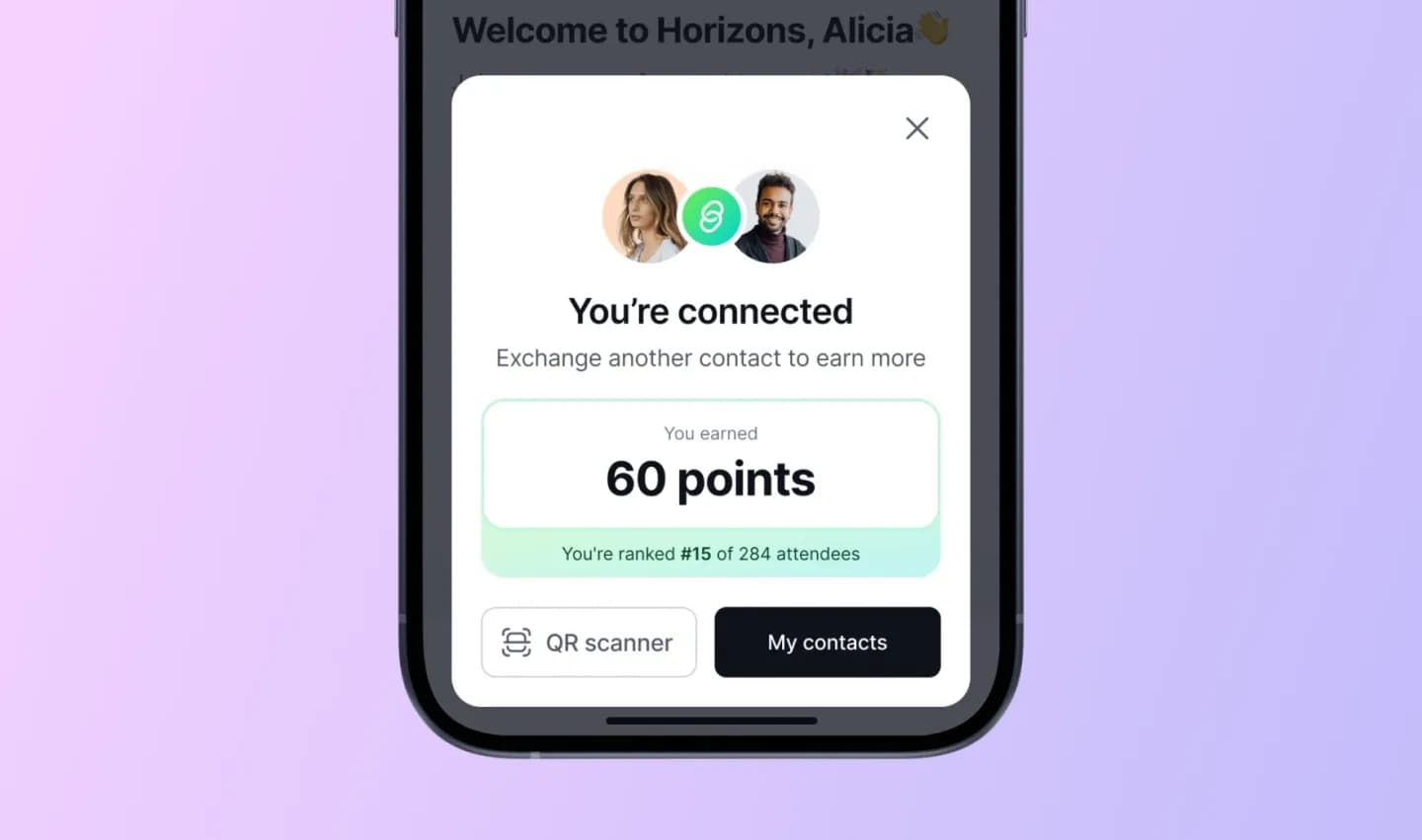 A modal in a Highbar event app confirming two attendees exchanged contact info and earned points
