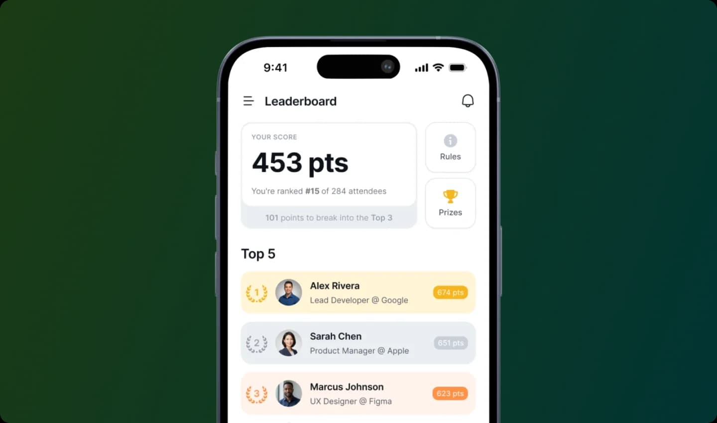 A leaderboard screen in a Highbar event app, showing the current attendee's score and rank and a top 5 list
