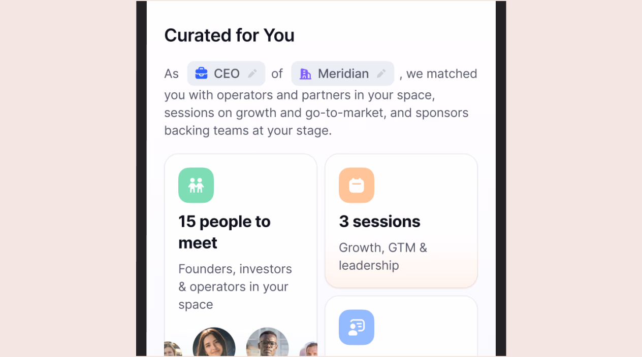 AI curation card for a CEO at Meridian, recommending 15 people to meet and 3 growth sessions