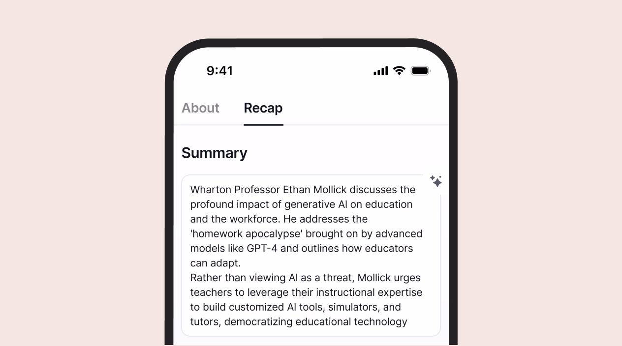 Session summary on the event app's Recap tab, condensing Ethan Mollick's talk on AI in education