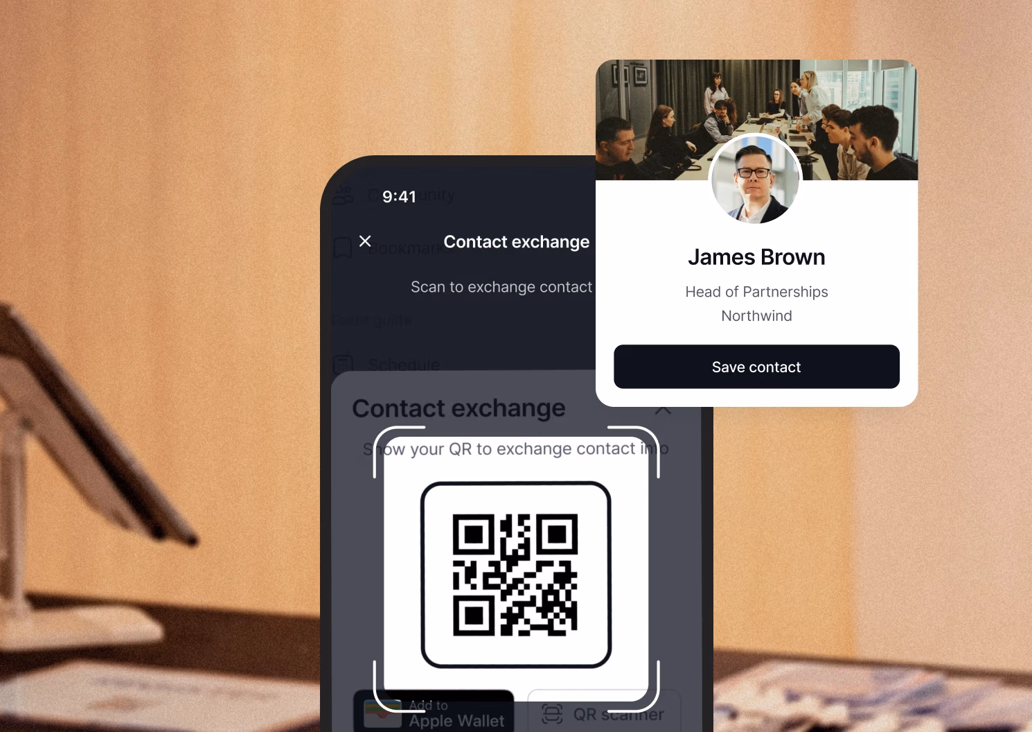 Contact exchange QR code in the event app, with a scanned attendee card and a Save contact button