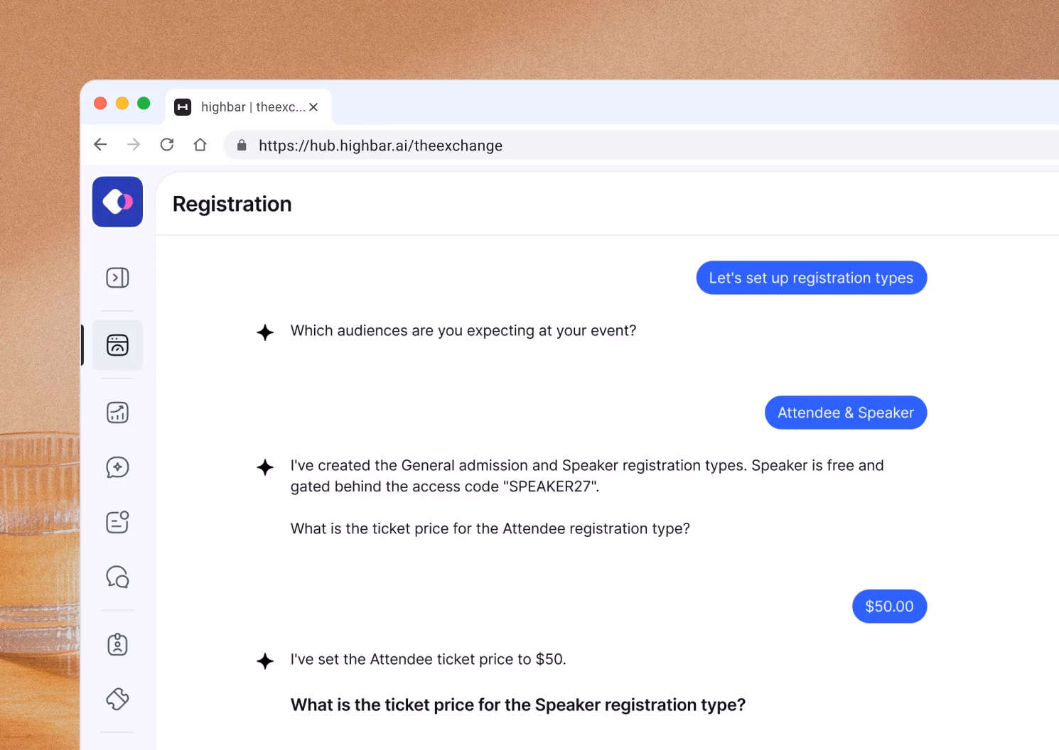 Highbar registration builder chat setting up General admission and Speaker ticket types with a $50 price
