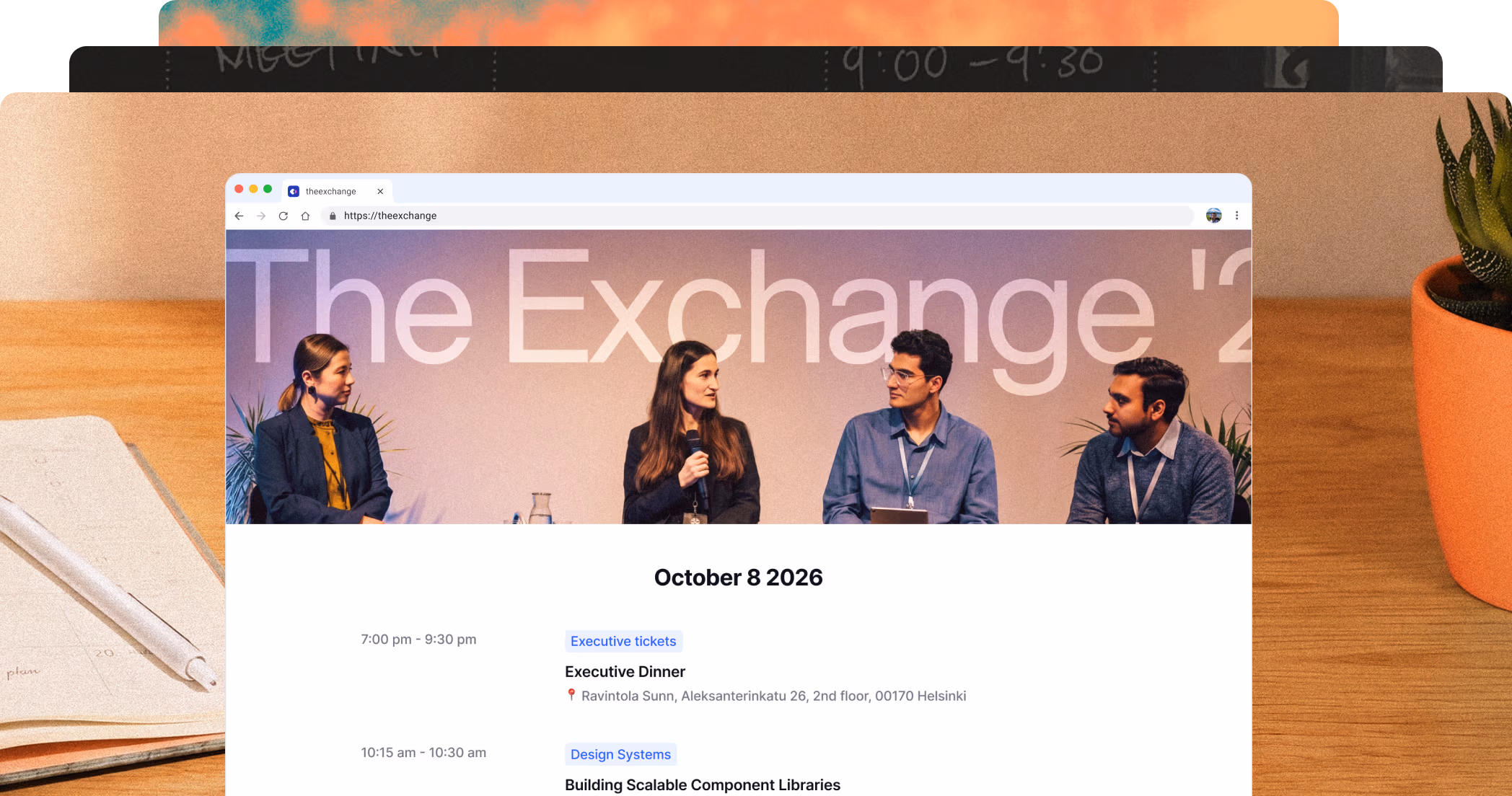 Live event website for The Exchange in a browser, with a panel photo and an Executive Dinner on the schedule