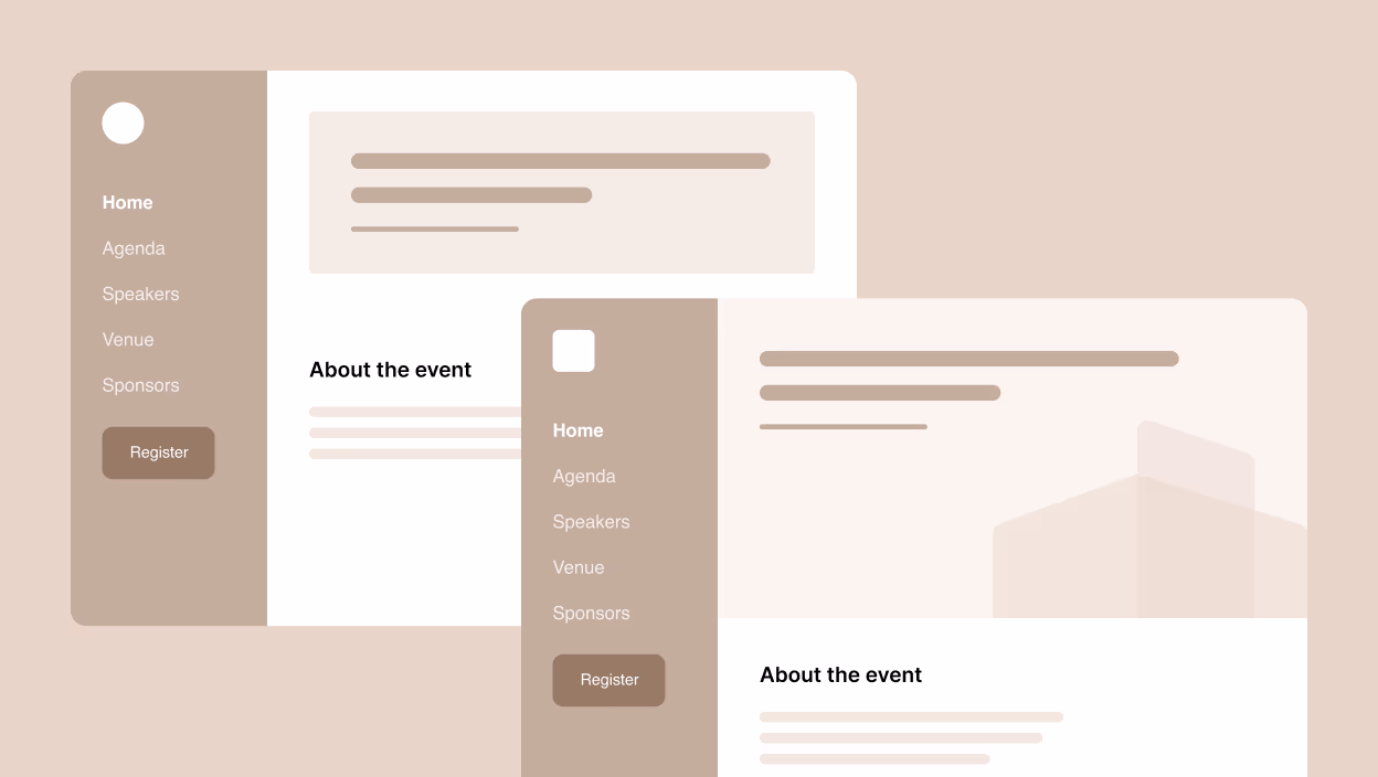 Two templated event sites with the same sidebar menu and layout, differing only in the hero