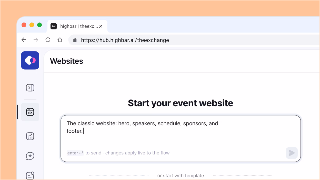 Start your event website prompt in Highbar asking for a classic site with hero, speakers, schedule and sponsors