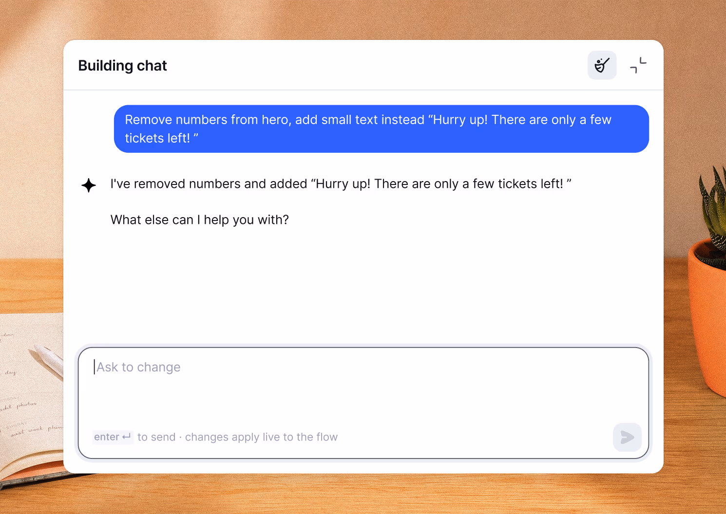 Website building chat swapping the hero numbers for a “Hurry up! There are only a few tickets left!” note