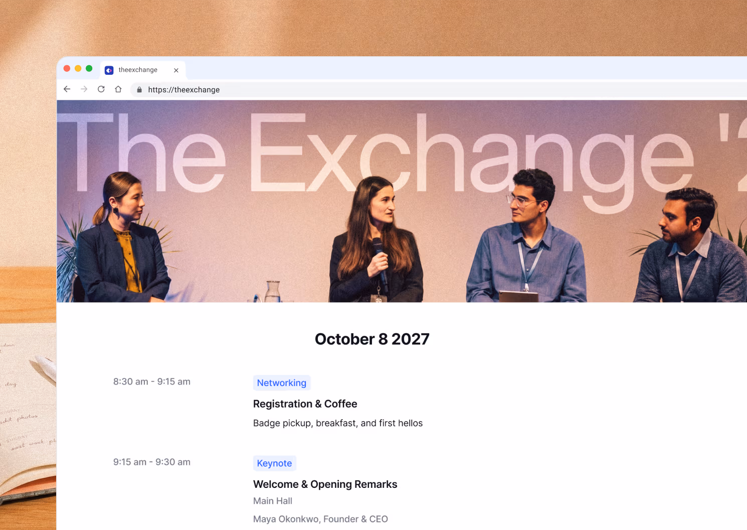 Published event website for The Exchange opening its schedule with registration, coffee and the welcome keynote