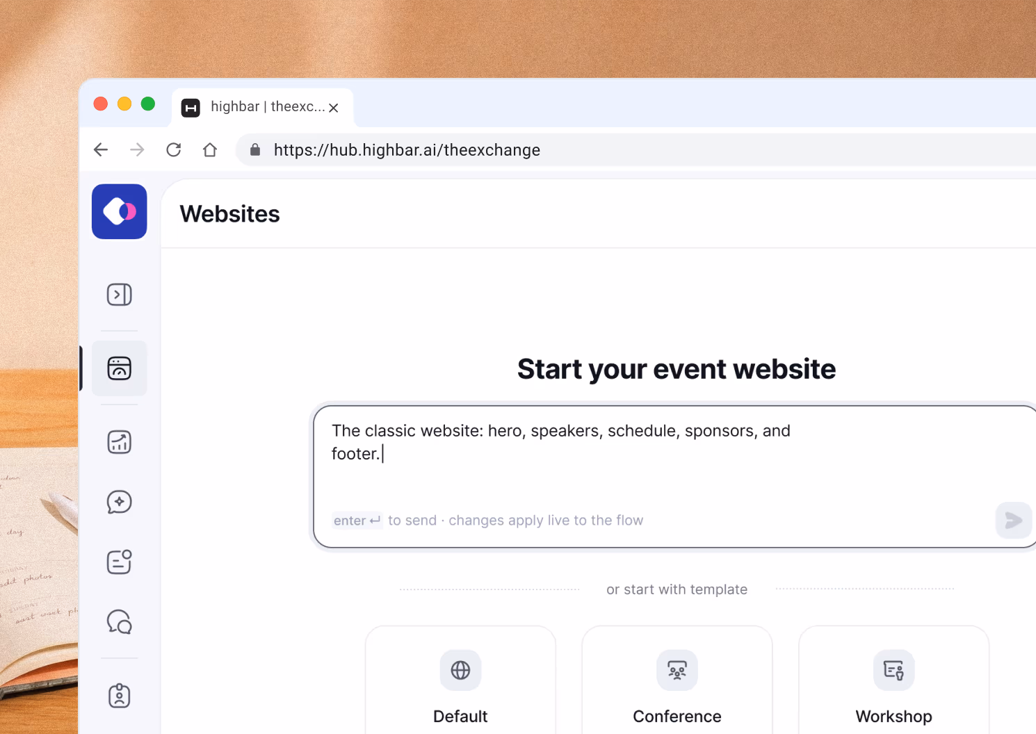 Event website prompt in Highbar describing a classic site, with Default, Conference and Workshop templates below